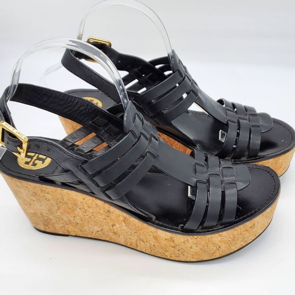 Tory Burch Leslie Black Strappy Cork Wedge Sandals - Picture 6 of 11